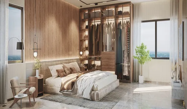 Second bedroom render at Prestige Battersea with attached bathroom