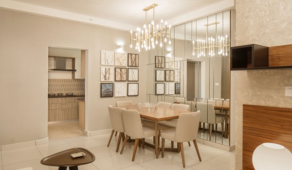Dining area render at Prestige Battersea adjoining the living space