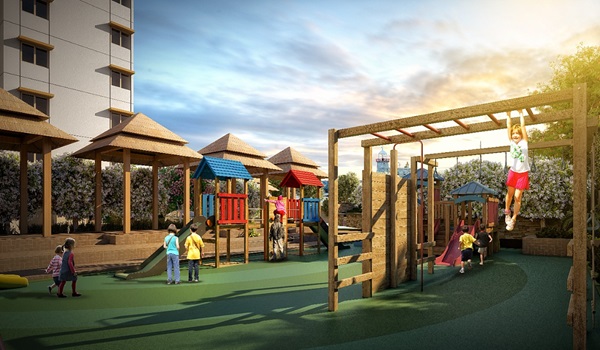 Kids play area render at Prestige Battersea with safety flooring and play structures