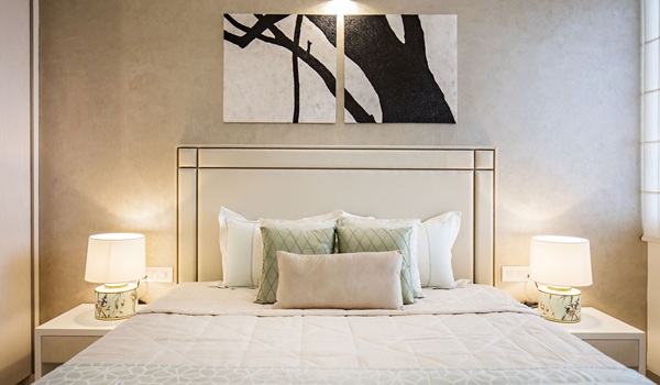 Master bedroom render at Prestige Battersea with attached bath and wardrobe