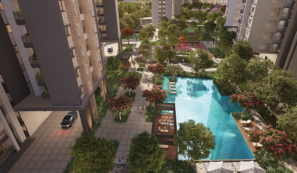 Swimming pool render at Prestige Battersea showing the lap pool and lounge deck