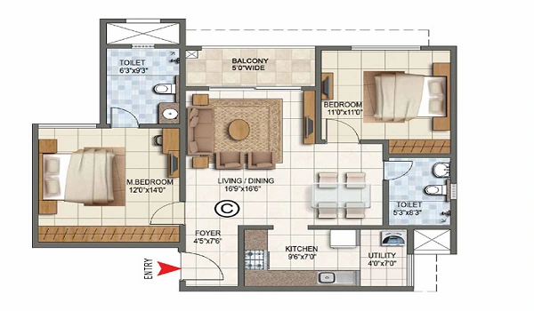 2 BHK, 1,100 to 1,350 sq.ft. floor plan at Prestige Battersea