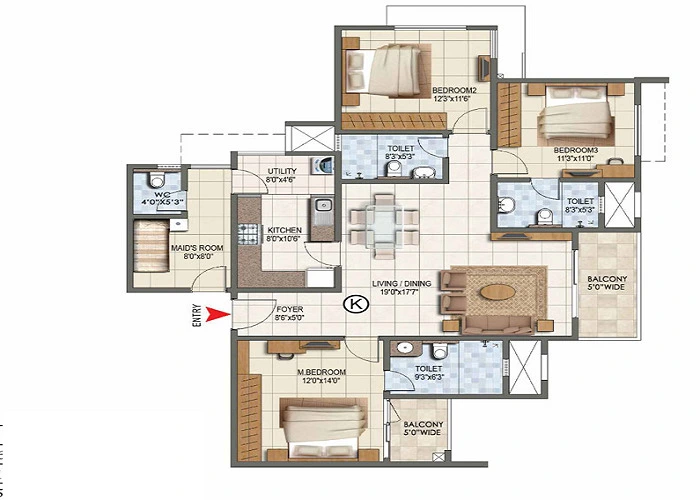 3 BHK, 1,600 to 1,900 sq.ft. floor plan at Prestige Battersea