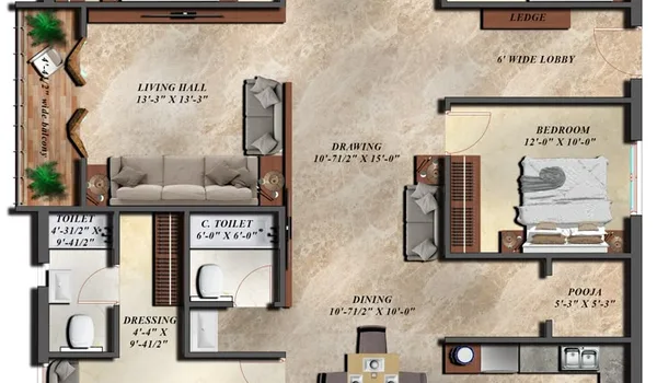 4 BHK, 2,200 to 2,600 sq.ft. floor plan at Prestige Battersea